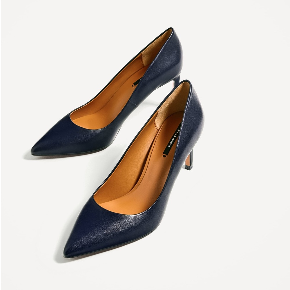 Zara navy blue leather high heel pumps